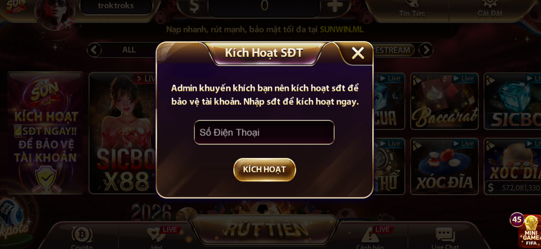 Kích hoạt số điện thoại - bước đệm để khôi phục mật khẩu Sunwin.